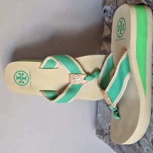 Tory Burch wedge flip flops tan and green size 6